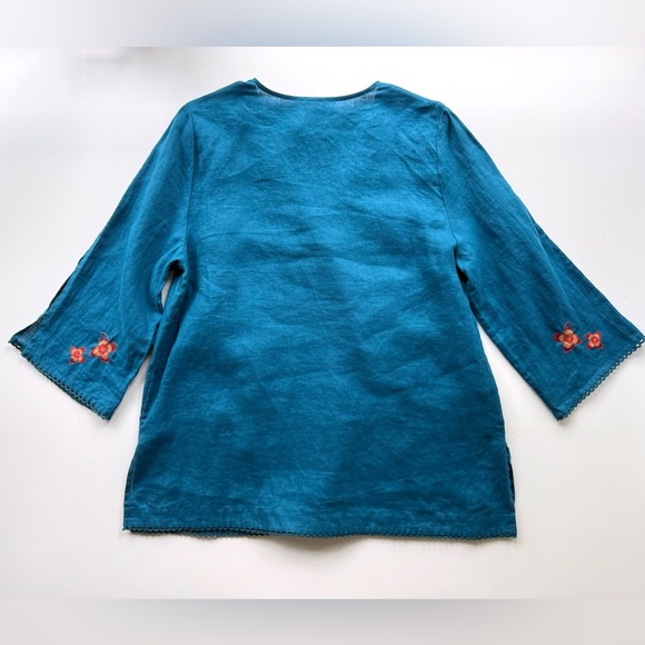 Johnny Was Messine V-Neck Top w/ Side Slits in Teal Floral Embroidered Linen S - Picture 7 of 15